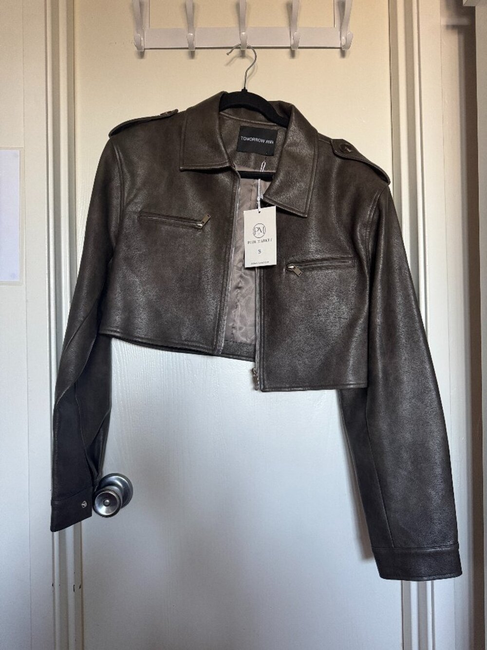 Pixie Market Cropped Biker Jacket Faux Leather Brown